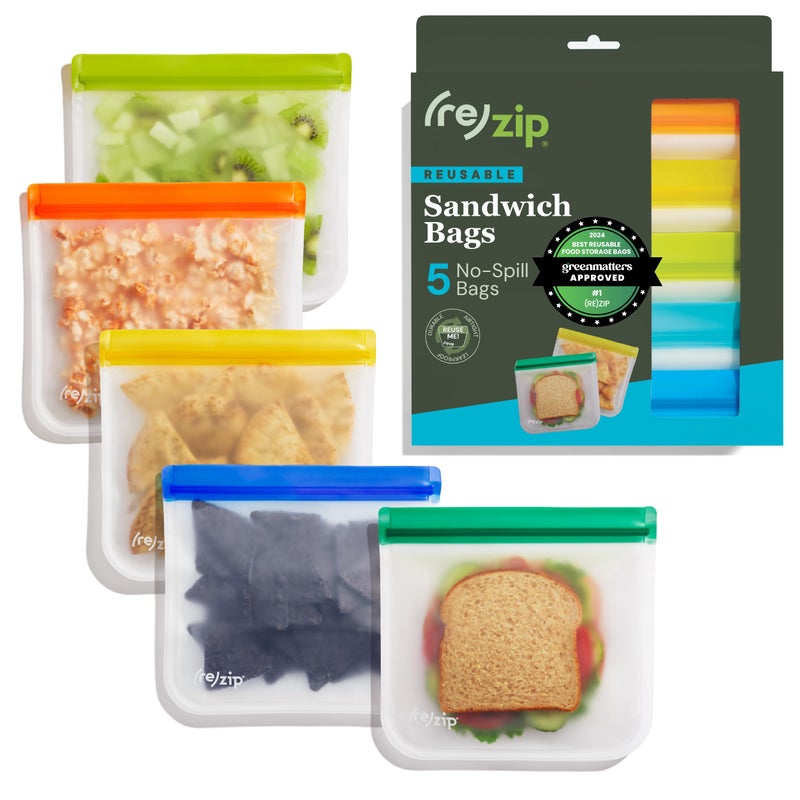 Rezip (re) zip 5-pack Reusable Sandwich Lunch Food Storage Bags | BPA-Free, Food Grade, Leakproof, Freezer Safe, Dishwasher Safe, Travel Friendly | Multicolor for Easy Organization - Image 1